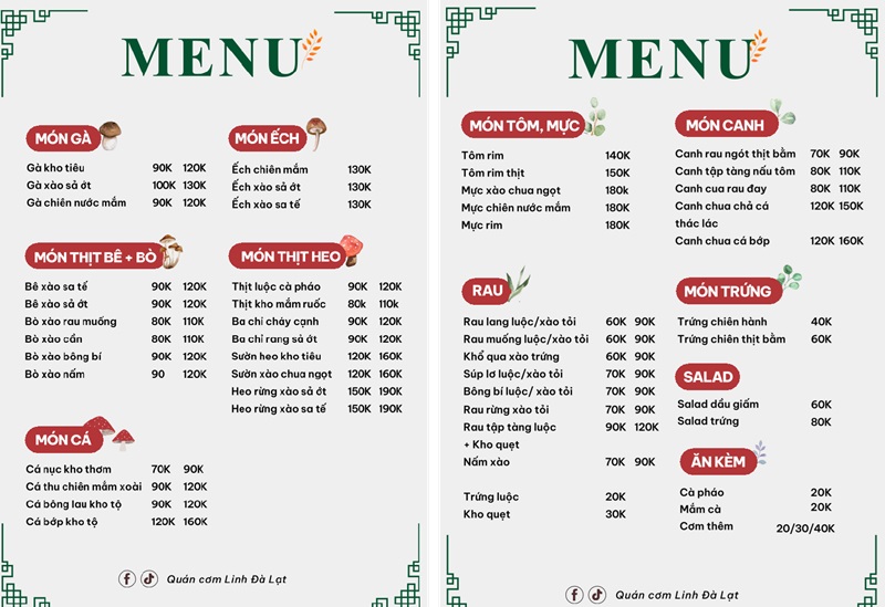 Review quán cơm Linh Đà Lạt - Cơm vị quê ở phố du lịch Menu quán cơm Linh Đà Lạt